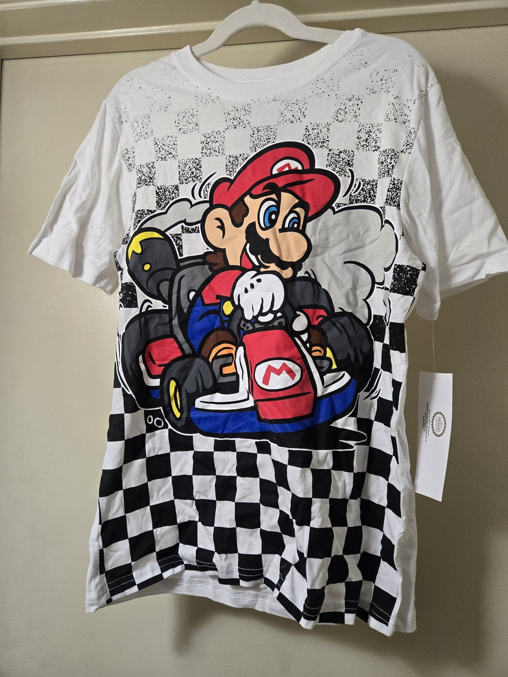 Nickelodeon White Tee with Red, Blue, Black Mario Kart Graphic